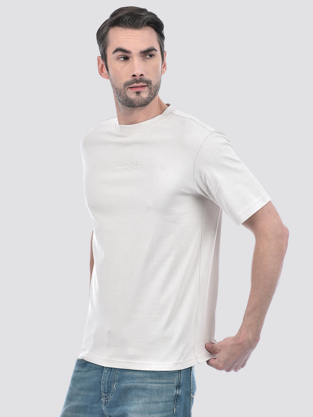Numero Uno Men's Half Sleeve Regular Fit Off White Round Neck T-Shirt